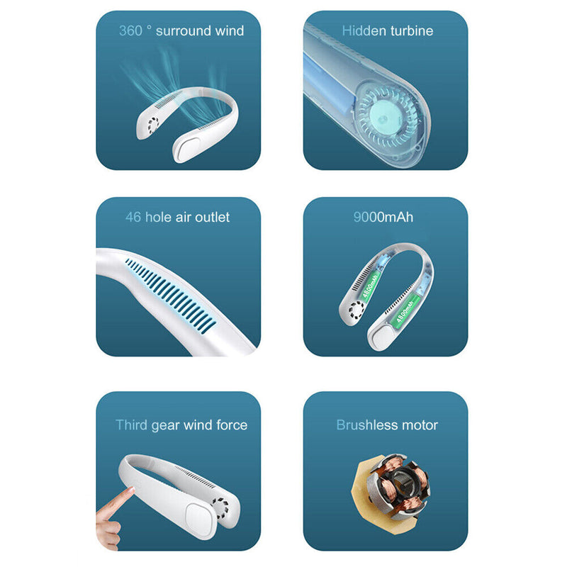 Leafless Hanging Neck Fan 360 Degree Ventilador Mute Sport Fans 9000mAh