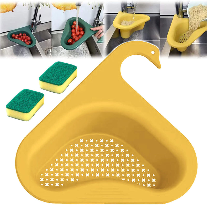 Sink Strainer Colander Drain Basket 2 Sink Drying Shelf Rack & 2 Sponges Newly