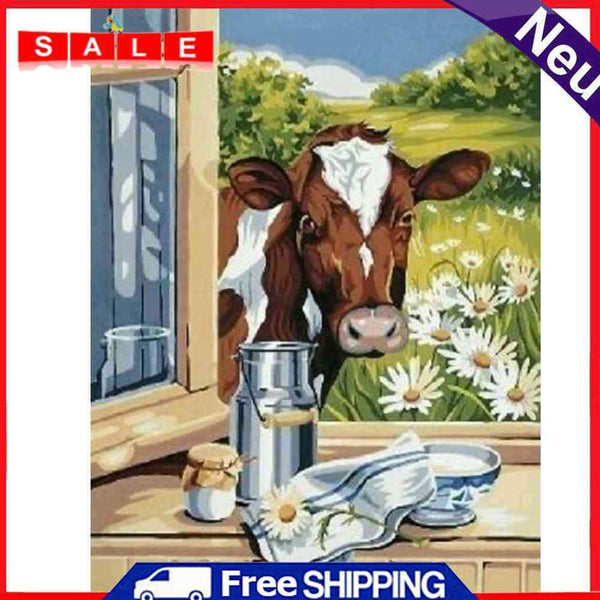 DIY Diamond Painting Window Cow Full Round Drill Mosaic Art Picture Decor Gift