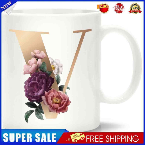 Unique Creative Ceramic Coffee Mugs with Flower Letter V for Home Office