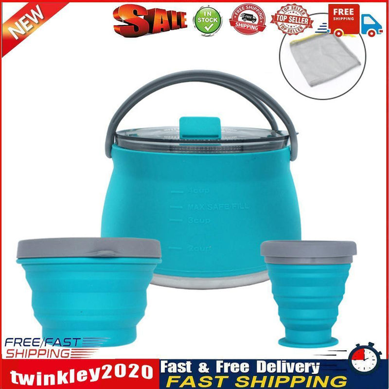 3pcs Silicone Folding Kettle Cup Set Portable Collapsible Tableware (Blue) Newly