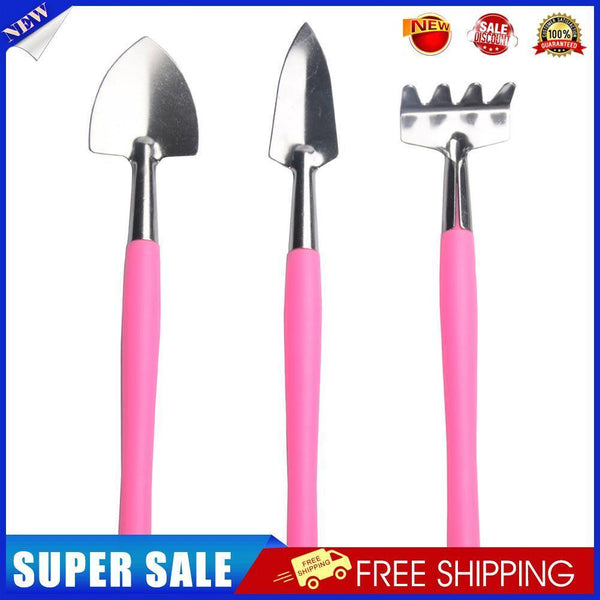 3pcs Gardening Wood Handle Stainless Steel Shovel Rake Spade Set (Pink)