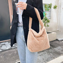 Women Plush Solid Color Handbag Large Capacity Shoulder Bag (Khaki)