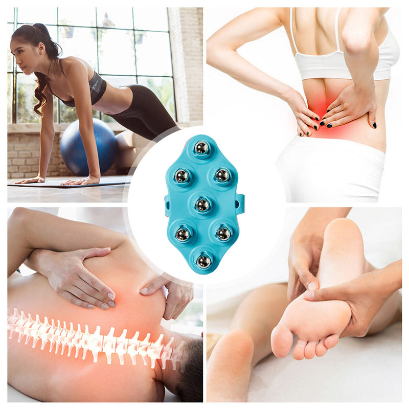Hand Held Body Massager 7-Ball Massage Glove for Back Neck Foot (Blue) Newly