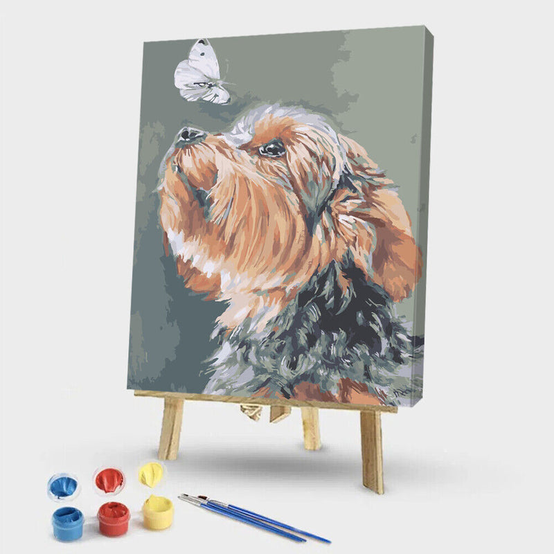 Hand Painted Canvas Art Painting By Number Dog and Butterfly DIY Oil Picture Kit