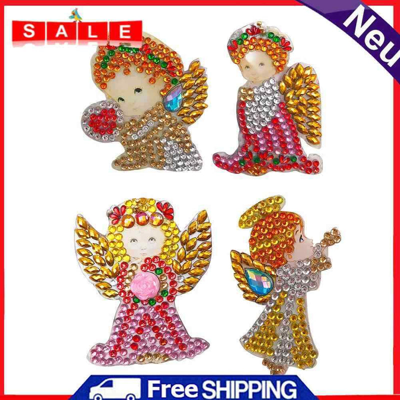 4pcs DIY Full Drill Diamond Paintng Girl Angle Style Special Shape Keychain Gift