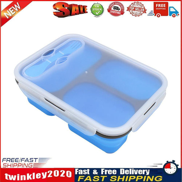 1350ml Silicone Rectangle Lunch Box Collapsible Bento Folding Bowl (Blue) Newly