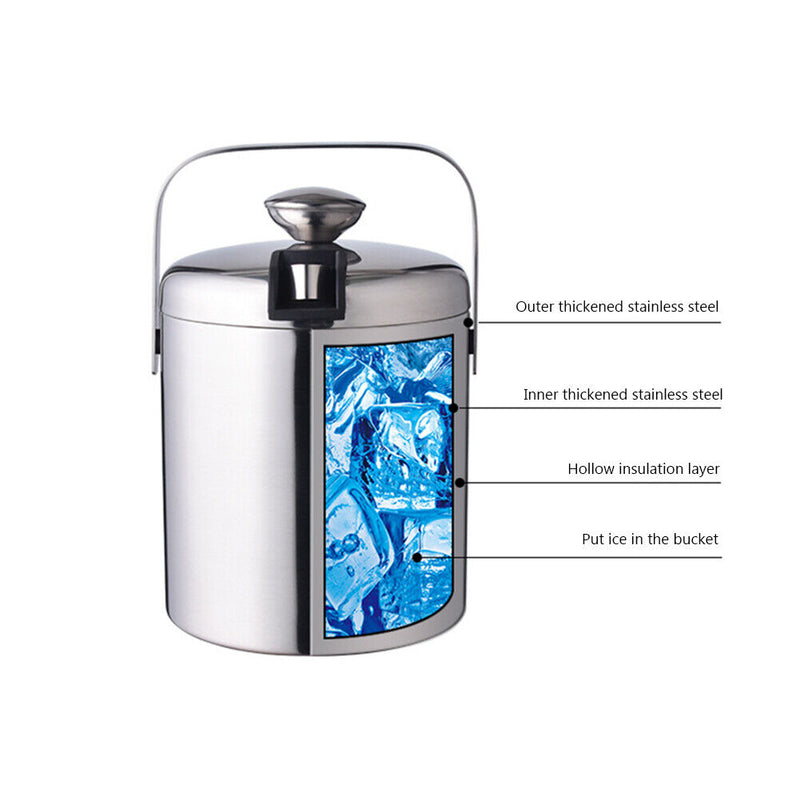 1300ml Stainless Steel Ice Bucket Double Layer Wine Beer Ice Cube Tray w/ Tongs