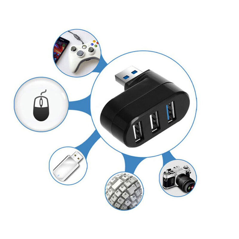 Mini Rotatable 3 Port USB Hub U Disk Reader Splitter for PC (USB 3.0 Black)