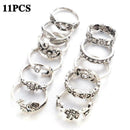 11 Pcs/set Bohemian Retro Crystal Flower Leaves Hollow Gem Set Ring R5C8