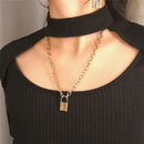 Boho Jewelry PadLock Pendant Necklace Collar Statement Long Chain Punk Choker