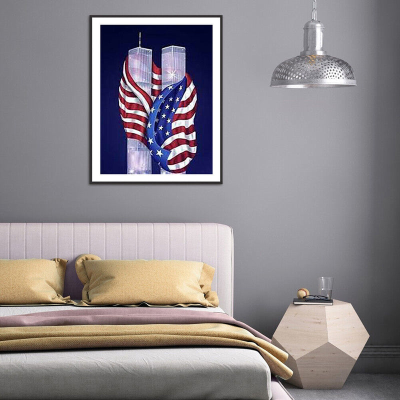 5D Diamond Painting Flag Twin Towers Full Round Drill DIY Wall Home Decoration