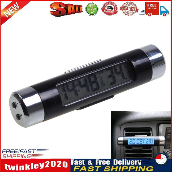 2 in 1 Blue Backlight Digital LCD Car Air Outlet Clip-on Clock Thermometer Newly