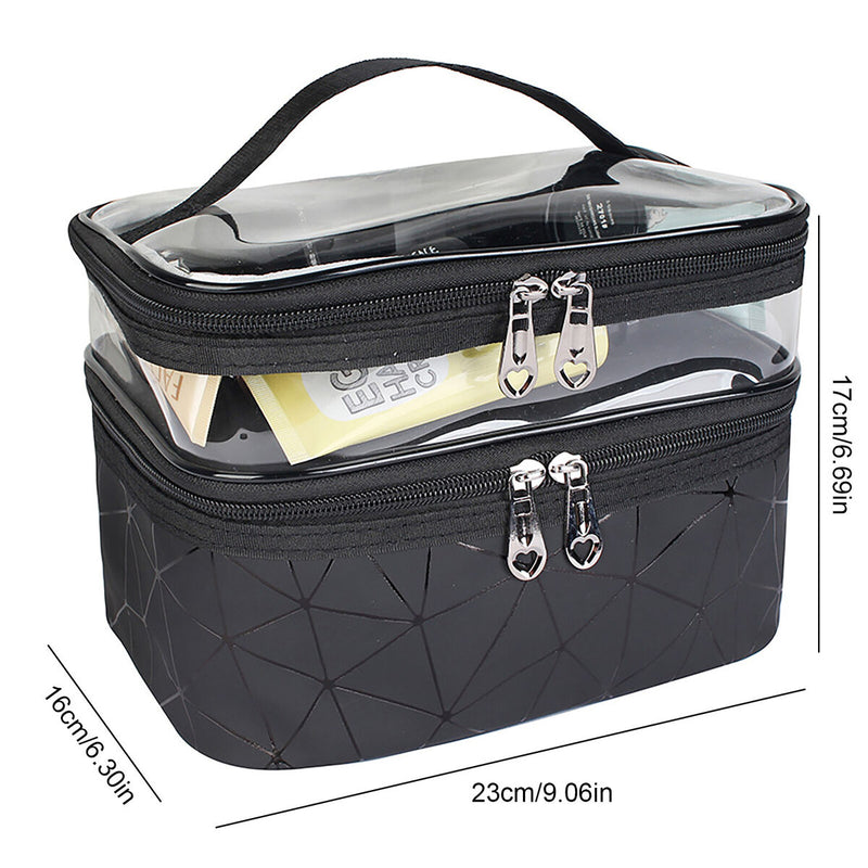 Double Layer Travel Makeup Bag Waterproof Portable Cosmetic Bag (Black) Newly