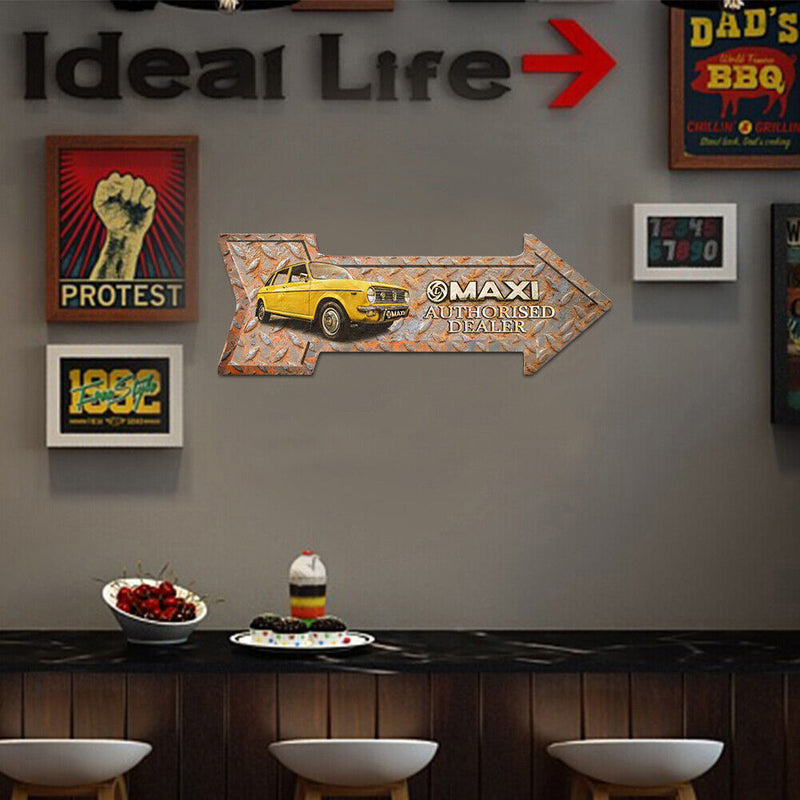 Arrow Shape Retro Metal Sign Rusty Texture Design Metal Painting Yellow Car