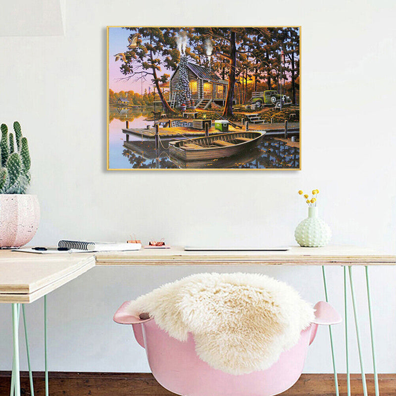 Home Hand Painted on Canvas DIY Lake House Oil Paint By Numbers Drawing Kit