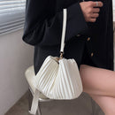 Fashion Pleated Crossbody Handbags PU Leather Women Solid Bucket Shoulder Bags
