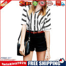 Stripe Loose Bat Short Sleeve T-shirt V-Neck Button Women Blouse (Black XL)