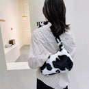 Women Plush Fur Animal Print Handbag Winter Small Underarm Bag (Cow)