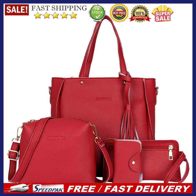 4pcs/Set Lichi Leather Tassels Women Tote Shoulder Clutch Card Bags (Red)