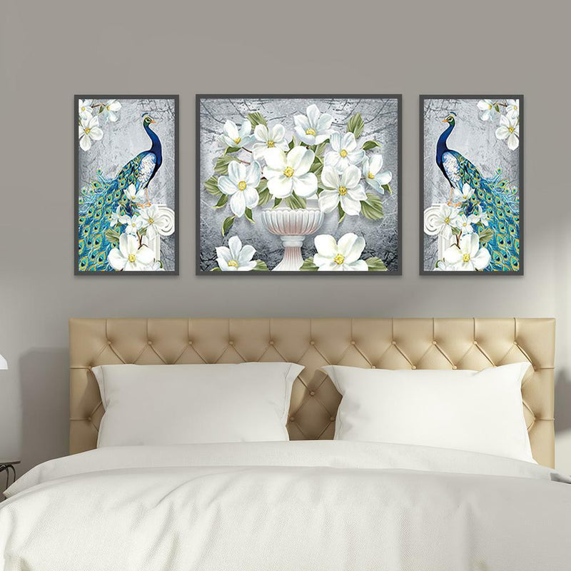 3pcs 5D DIY Full Drill Diamond Painting Peacock Cross Stitch Kit (White)