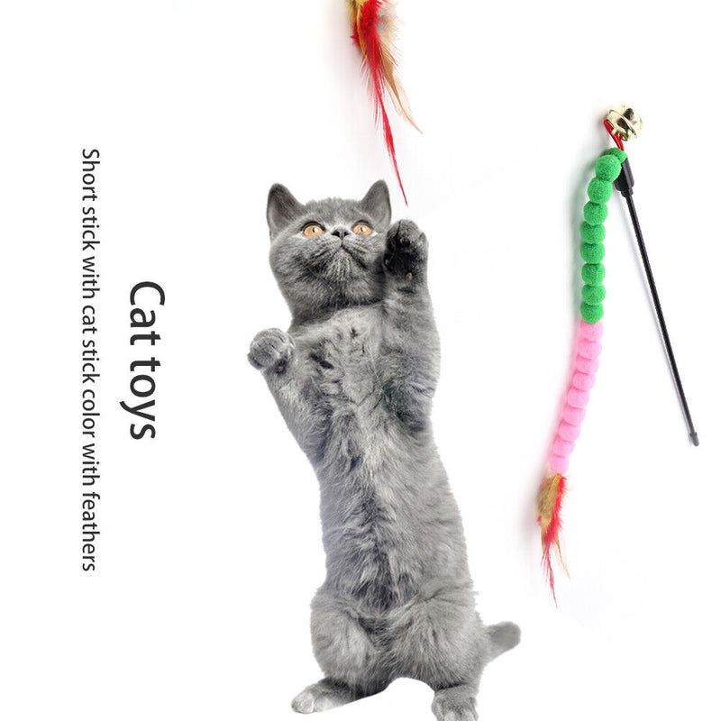 Cat Teasing Stick Colorful Pompom Feather Wand Fun Pet Teaser Rod Toys (01)