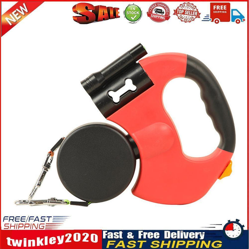 Dog Leash Dual Double Auto Retractable Tractor Rope Light Chain (Red) Newly