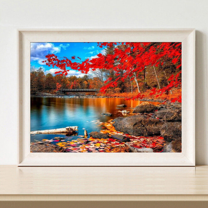 Handmade Canvas DIY Painting By Numbers Maple by Lake Kit Oil Drawing Ornaments