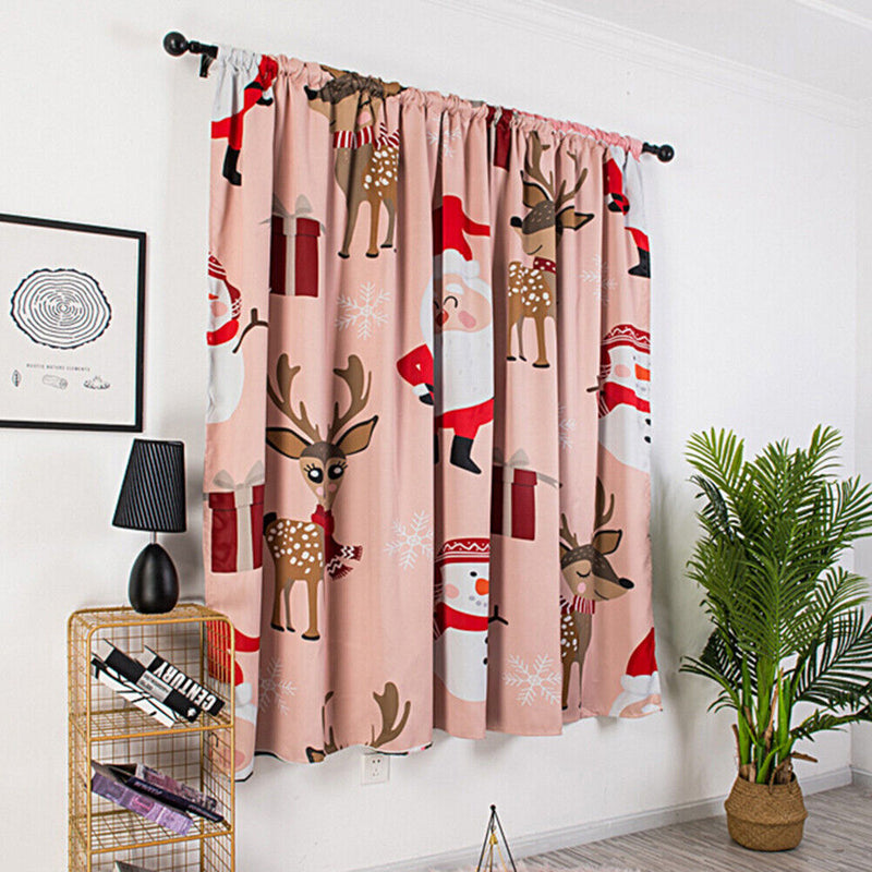 Window Curtain Pink Base Elk Santa Painting Polyester Room Christmas Decoration
