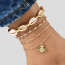 4pcs Boho Bee Shell Rhinestone Anklet Women Beach Food Chain Jewelry Gifts Newly