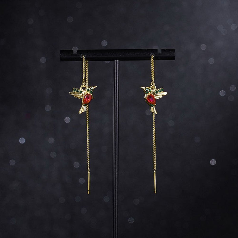 Design Hummingbird Crystal Birds Pendant Necklace Long Tassel Drop Earrings