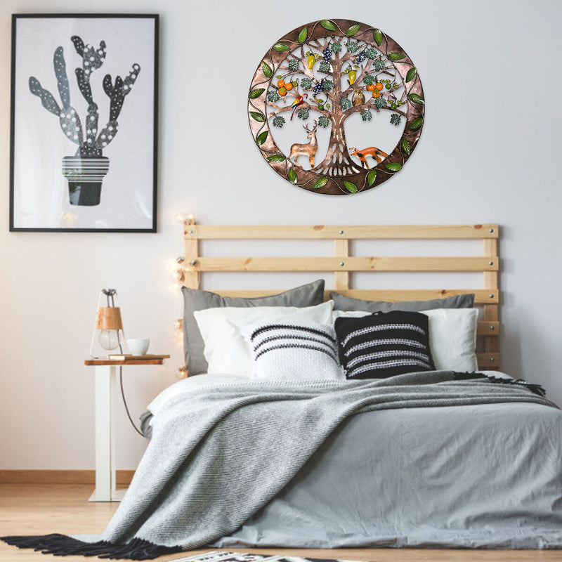 Iron Wall Sculptures-Metal Round Wall Decor with Tree Deer Fox Home Decor Newly