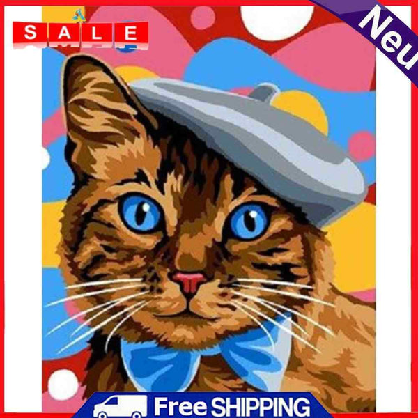 Frameless Oil Paint By Numbers DIY Cat Hat Picture Craft Kit for Living Room