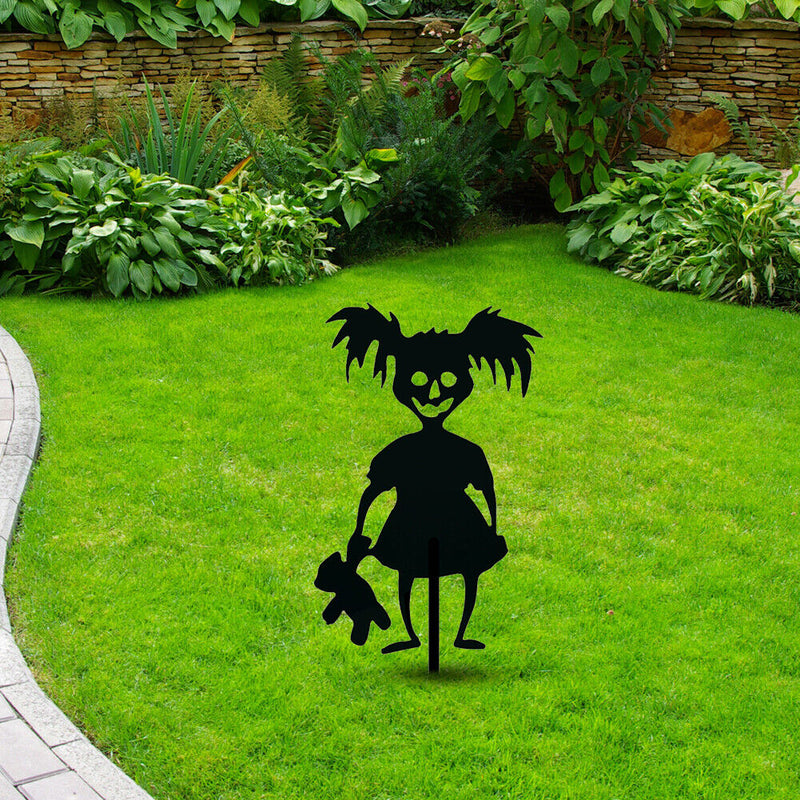 Evil Children Metal Silhouette Lawn Outdoor Plug-in Garden Sign Statue Decor