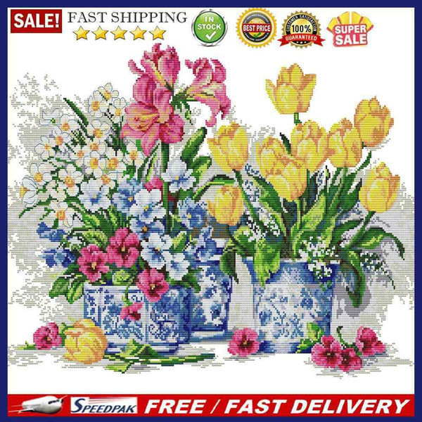 Full Cross Stitch 14CT Cotton Thread DIY Fresh Flowers Printed Embroidery Kits