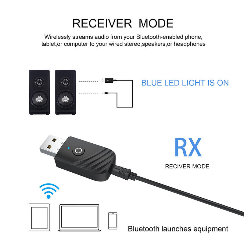 3"" 1 Bluetooth 5.0 Audio Transmitter Receiver AUX USB Wireless Music Adapter