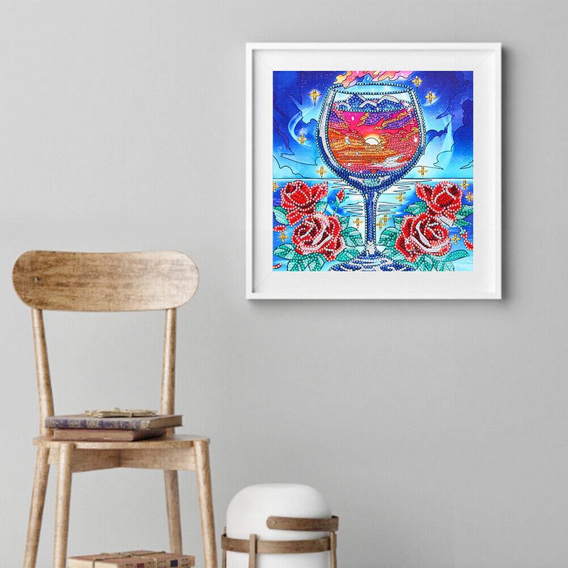 5D Wine Glass Sunset Diamond Painting Partial Special Shaped Wall Decor