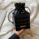 Fashion Women PU Checker Cube Shoulder Bag Solid Color Drawstring Crossbody Bags