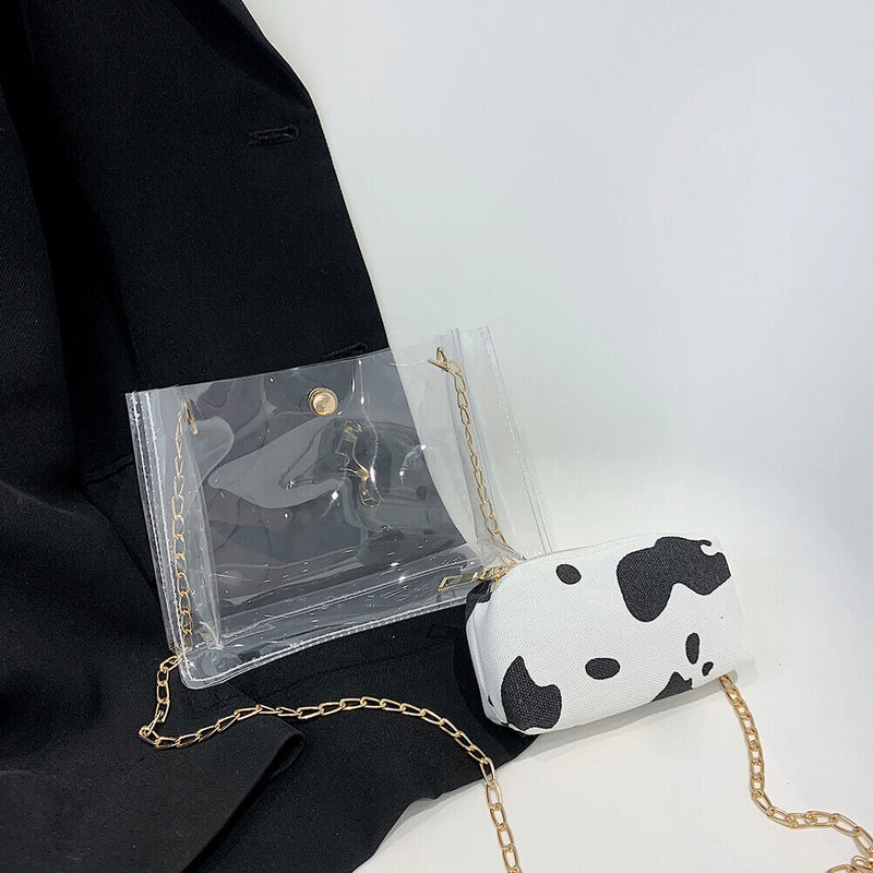 #A 2pcs Transparent PVC Shoulder Bags Women Print Clear Chain Messenger Handba