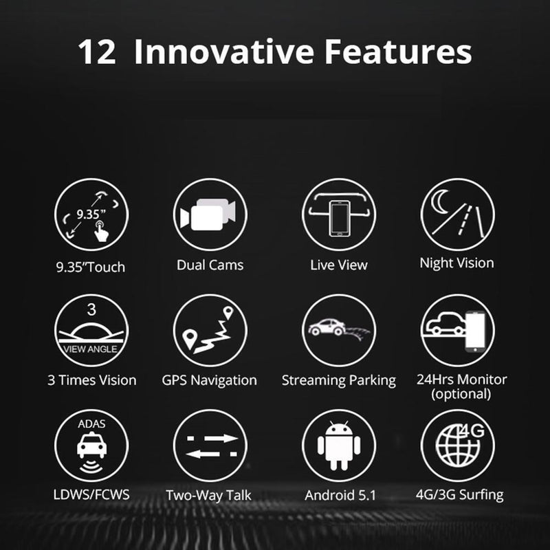 Starnearby G07 9.35-Inch IPS Touchscreen Double Lens 4G Android Car Rear View Mirror