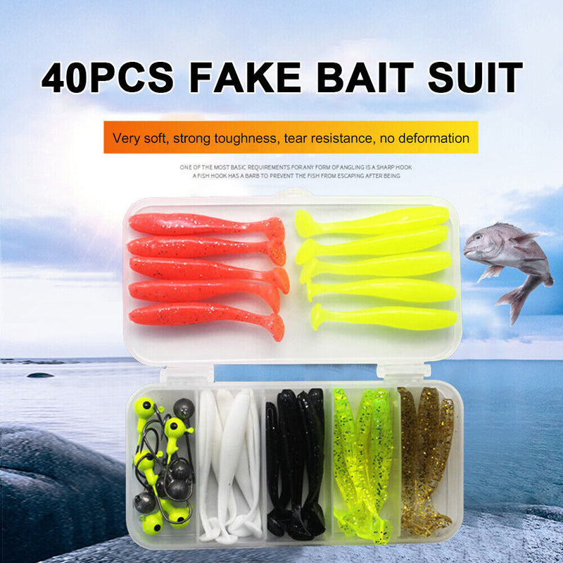 40pcs Soft Fishing Lure Kit Jig Head Hook Artificial T Tail Bait with Tackle Box