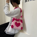 Retro Women Plush Leopard Shoulder Bag Autumn Winter Handbags (Red Heart)