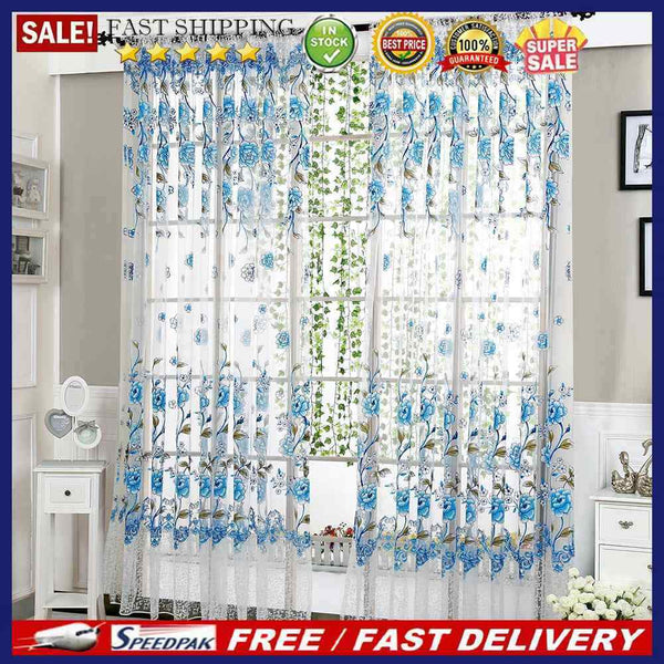 4pcs Peony Curtain Living Room Bedroom Home Door Window Curtain (Blue)