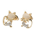 Cat Eye Stone Diamond Shiny Kitty Cute Small Animal Earrings (White)