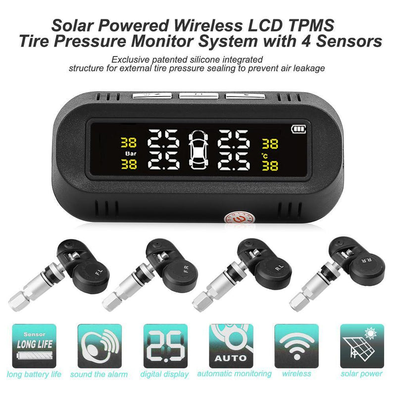 C68 USB+Solar Powered Car TPMS Tire Pressure Monitor System w/4 Internal Sensors