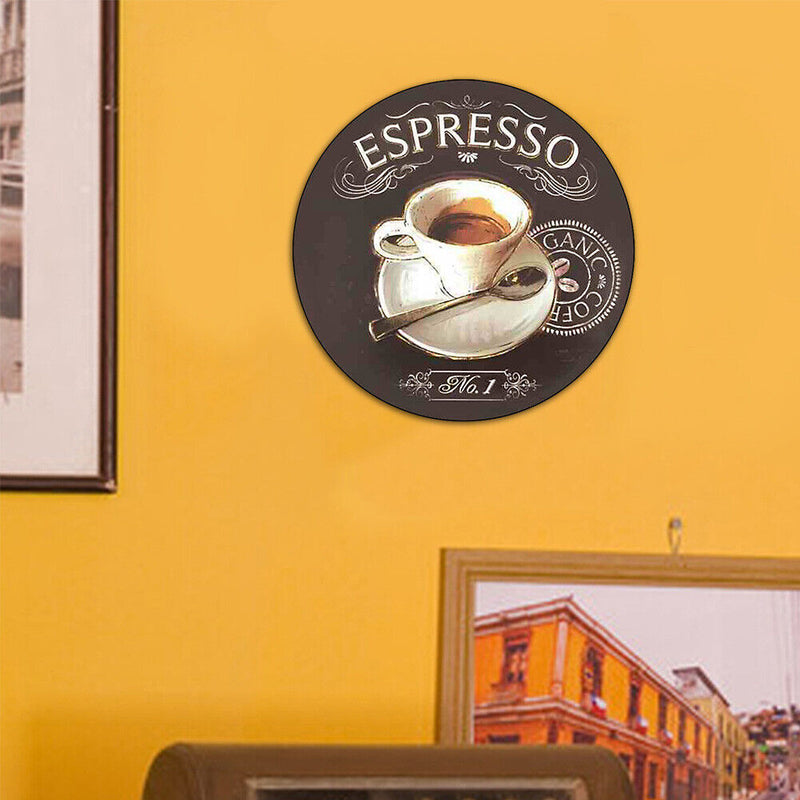 Round Coffee Tin Plate Drawing Artworks Metal Cafe Garage Retro Door Sign Poster