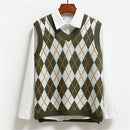 Loose sweater Y2K V Neck Plaid Knitted Knitwear top Sweater Vest Sleeveless