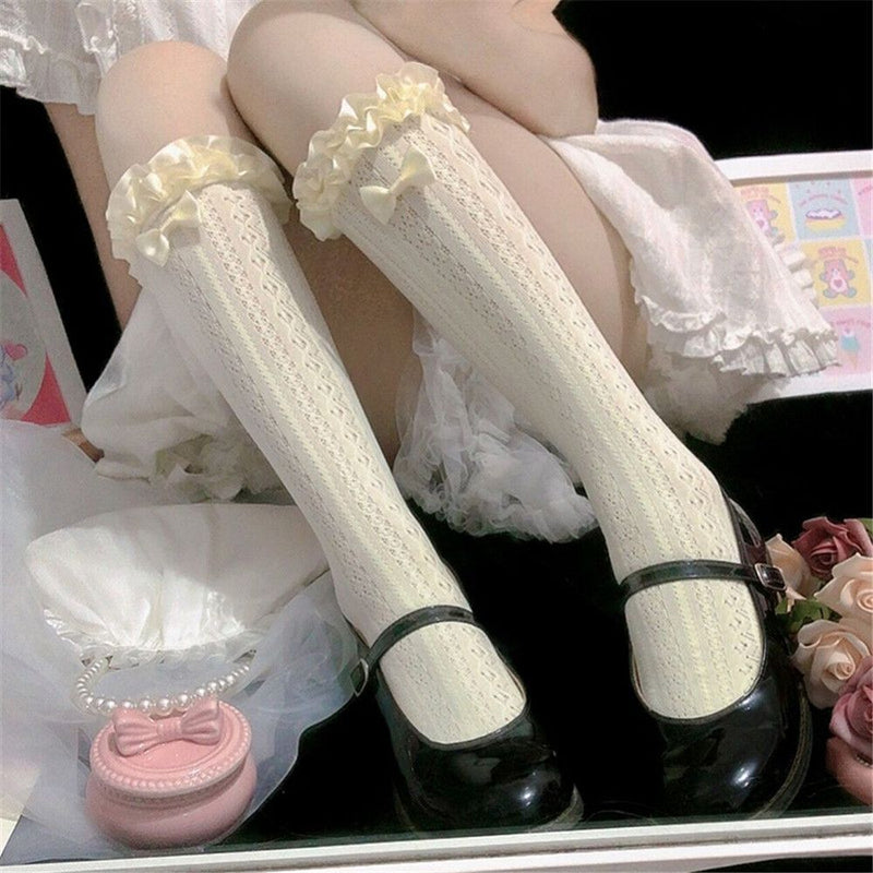 Elastic Maid Girl Gift Knee High Lace Bow Socks Transparent Lolita Socks