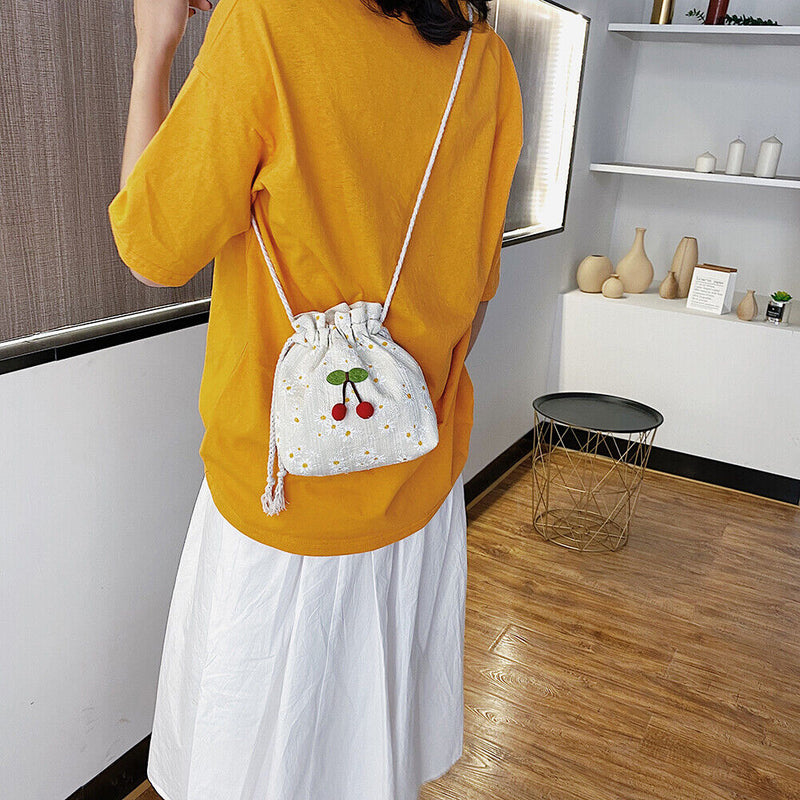 Women Drawstring Shoulder Bags Daisy Print Cherry Small Crossbody Pocket