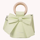 Sweet Bow Tie Mini Leather Bucket Crossbody Bag Women Round Wooden Handle Purse